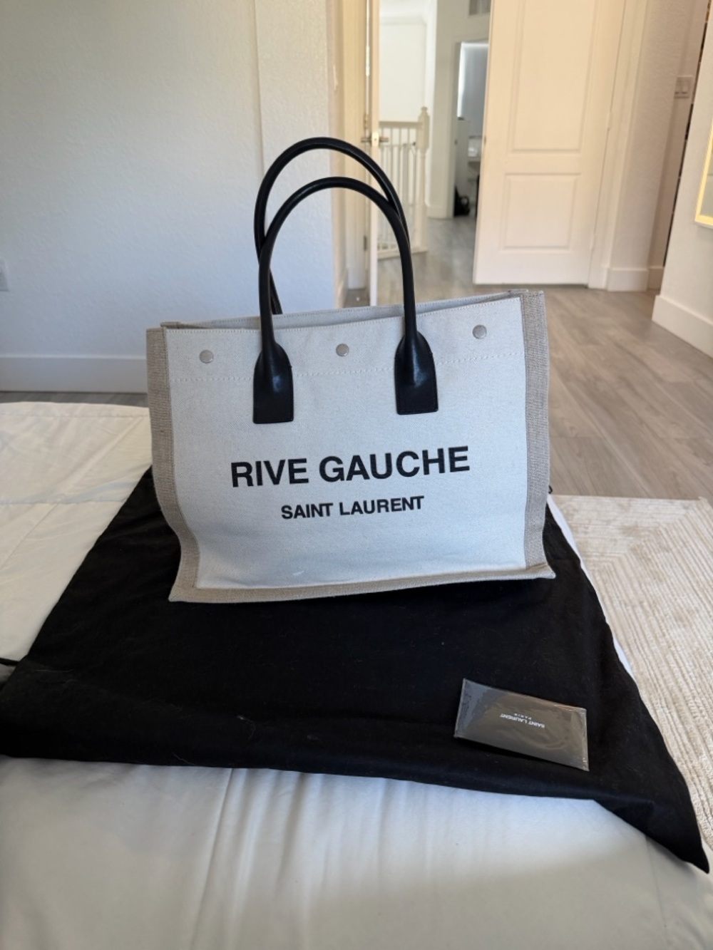 Saint Laurent Rive Gauche Canvas Tote - Cream & Black